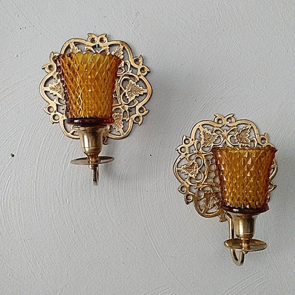 Brass Ornate Leaves honeycomb wall Candleholders